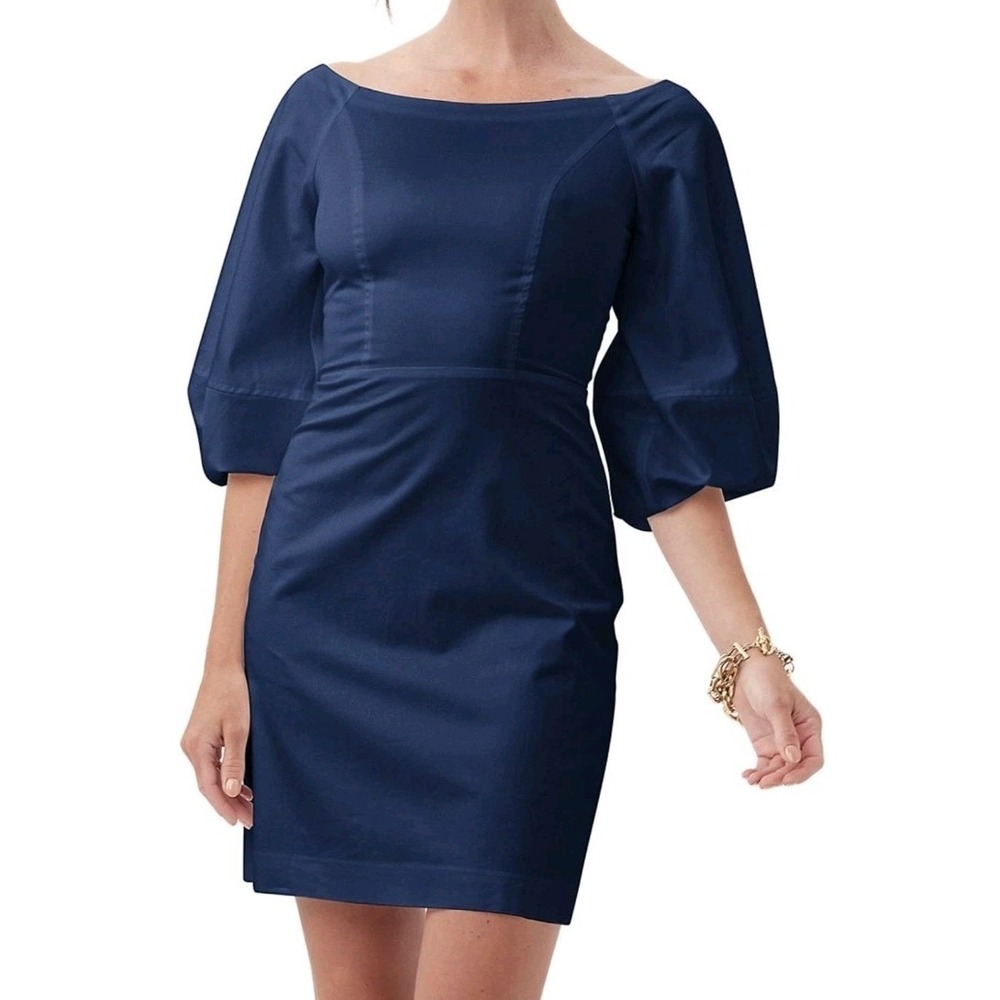 New Trina Turk Vero Mini Cotton Boat Neck Puff Sleeve Sheath Dress Navy Nautical